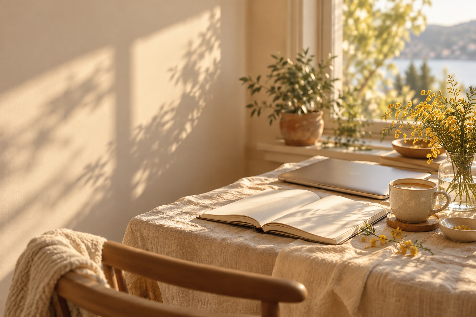 A warm, sunlit workspace with books, coffee and yellow flowers